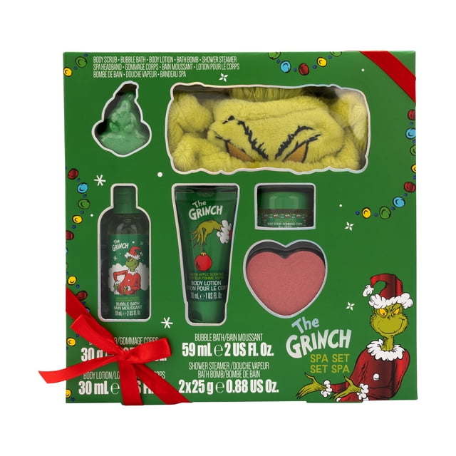 Dr.Seuss' Grinch Spa Gift Set in a green box with holiday string light accents, containing Grinch-shaped soap, yellow Grinch headband, green apple-scented body lotion, bubble bath, body scrub, and heart-shaped bath bomb, suitable for festive body care and holiday gifting.