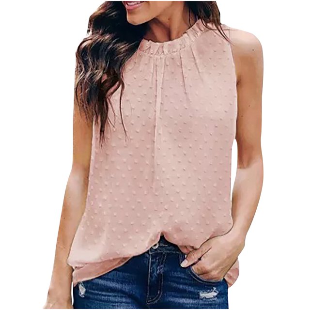 Birdeem Été Femmes Couleur Unie Pois Col Rond Sans Manches T-Shirt Hauts T-Shirt