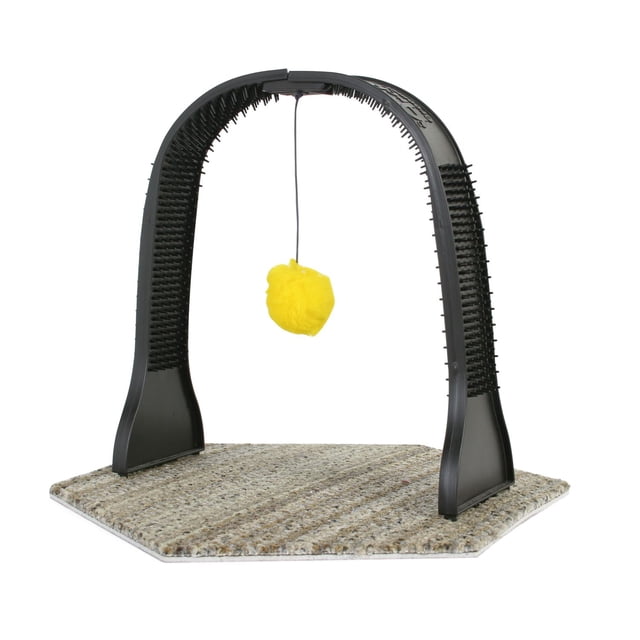 Omega Paw Arch CAT Groomer with a black arch featuring massaging combing nubs, a beige durable carpet base for scratching, and a yellow pom pom toy hanging from the center, designed to groom cats and soothe with massage.