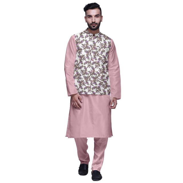 Atasi Kurta Pyjama Traditionnel Uni à Col Mandarin avec Ensemble de Veste Imprimée