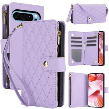 Case for Google Pixel 10 / 10 Pro RFID Blocking Protective Purse Case With Card Slots Holder Kickstand Wrist Strap Lanyard Zipper 3-card Flip Wallet Case,Purple,For Pixel 10 / 10 Pro