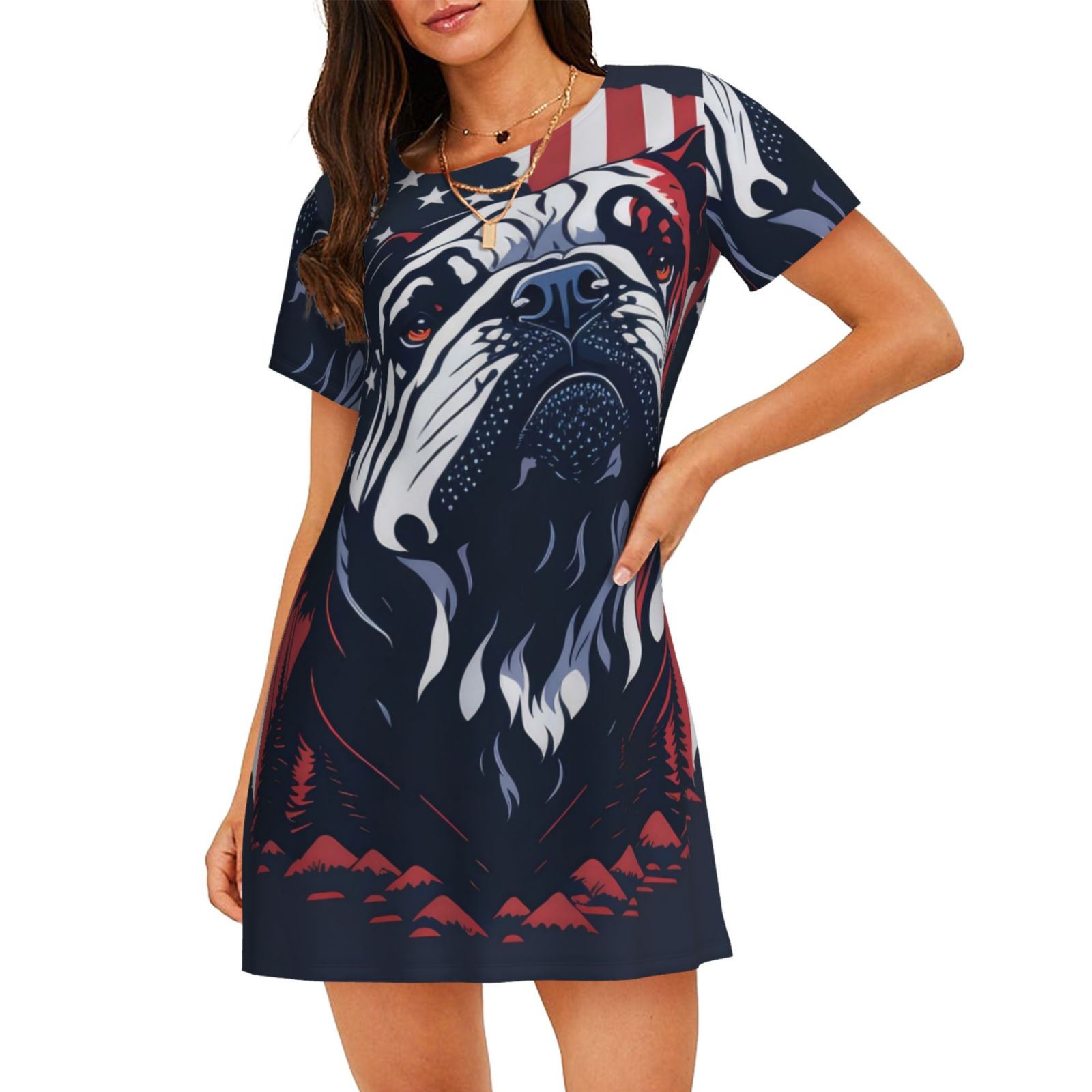 Sikiie Bulldog avec Imprimé Drapeau de Forêt Chemise de Nuit à Manches Courtes pour Femmes, Col Rond, Pyjama d'Été pour la Maison