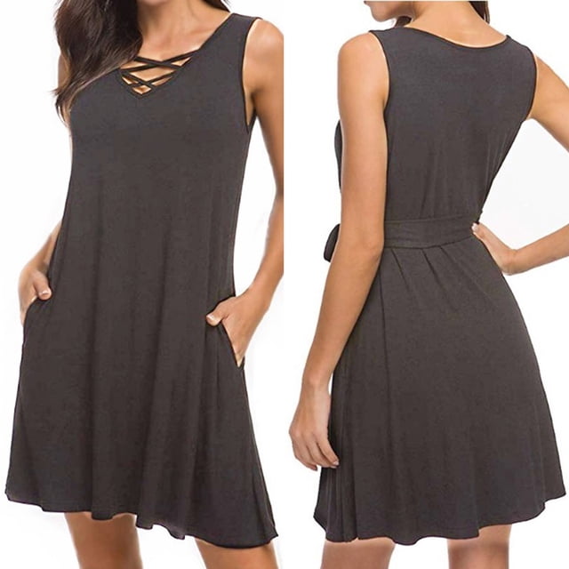 CEHVOM Ladies Solid Color Cross Strap V-Neck Belt Sleeveless Vest Mini Dress