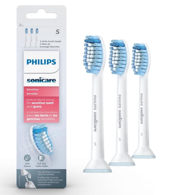 Philips Sonicare ProResults Têtes de Brosse de Rechange pour Peaux Sensibles, Lot de 3, HX6053/64 avec Trois Têtes de Brosse Blanches Dotées de Poils Bleu et Blanc ultra Doux pour un Nettoyage Doux des Dents et des Gencives Sensibles, Compatibles avec les Poignées à Clic Philips Sonicare, Présentées avec un Emballage Mettant en Valeur les Poils Souples et un design Pleine Grandeur.