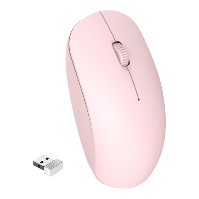 Wireless Mouse for Laptop Windows 10 2.4G Wireless Mute Bluetooth Mouse with Type C compatibility. The mouse features a compact, portable design in a soft pink color with a smooth plastic finish. Includes a USB receiver for plug-and-play functionality, suitable for office, business, or travel use.