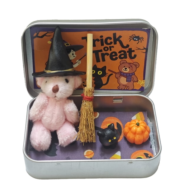 stanreset Handmade Cute Witch Teddybear In Box Miniature Witcher With Broom Pumpkin Cat Halloween Party pink