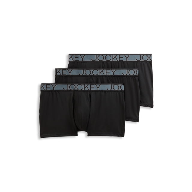 Jockey Men's Active Microfiber 2.5" Trunk - 3 Pack featuring three black men's underwear trunks with a mid-rise fit and full coverage. Each trunk includes a keyhole fly design, moisture-wicking fabric, and anti-odor technology for comfort and freshness. Made with 90% recycled polyester and enhanced with StayNew technology for durability.