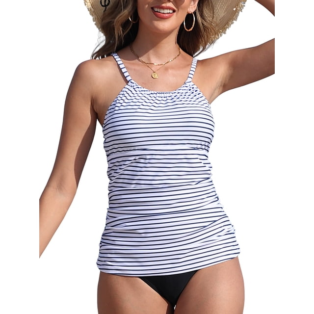Charmo Women's High Neck Tankini Tops Only Tummy Control Swimsuit Top with black and white horizontal stripes, ruched detailing, and adjustable shoulder straps. This women's swim tankini top features a high neckline, padded push-up bras for support, and tummy control for a flattering fit. Made from 82% polyester and 18% spandex, it provides UPF 50+ sun protection and pairs well with various swim bottoms.