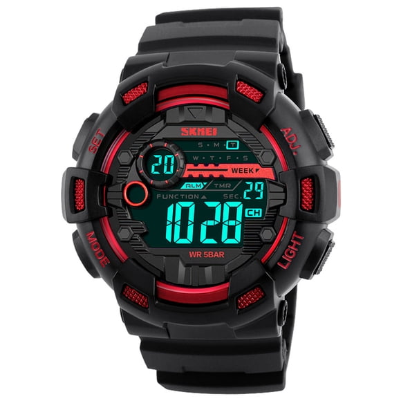 SKMEI SKMEI 1243 Men's Digital Sports Watch with Dual Time, Alarm, Backlight, and 5ATM Water Resistance in Black and Red