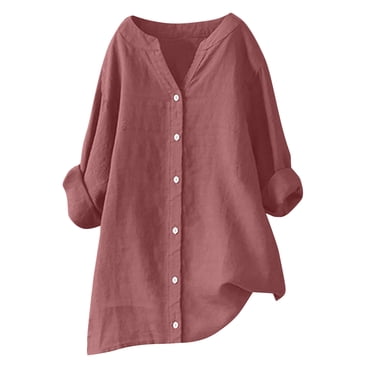 VOAVEKE Shirts for Women,Womens Summer Tops,V-Neck Long Sleeve Loose Button Cotton and Linen Tunic Summer Blouse Pink XL