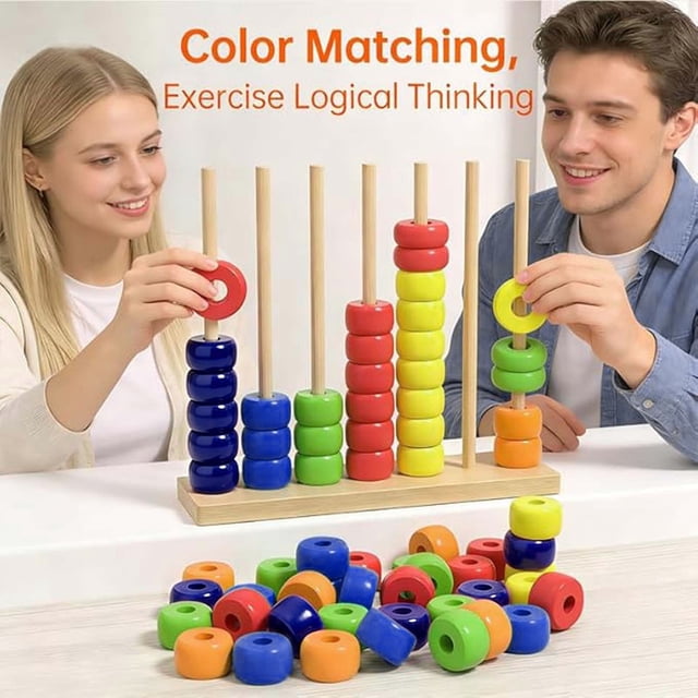 HCBY Family Game Night Color Stacking Challenge, 2-Player Competitive Puzzle with Wooden Stand, Educational Toy for Color Matching Sequencing, Compact Tabletop Game with 60 Colorful Rings