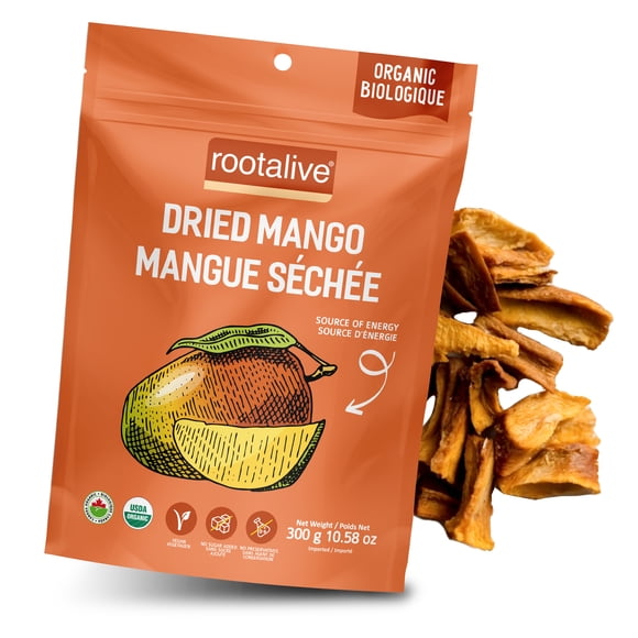 Rootalive Organic Dried Mango 300g, Vegan, Gluten-Free, Tropical Dried Fruit, No Sugar Added, Healthy Family Friendly On-the-Go Snack