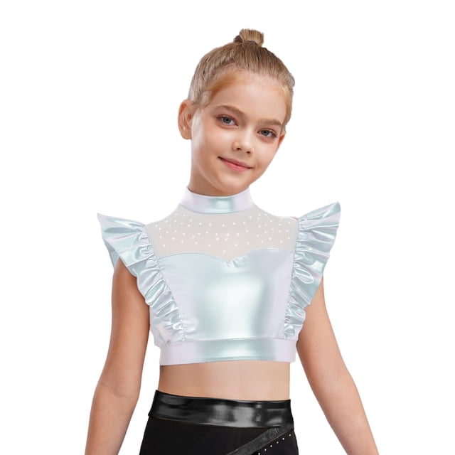 Hansber Kids Girls Ruffle Crop Tops Shiny Mesh Patchwork Hip Hop Street Dance Tops Performance Costume Silver 8