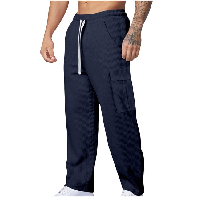 RKSTN Mens Pants Loose Soft Solid Color Elastic Waist Straight Tube Drawstring Pocket Workwear Pants Outdoor Hiking Workout Pants