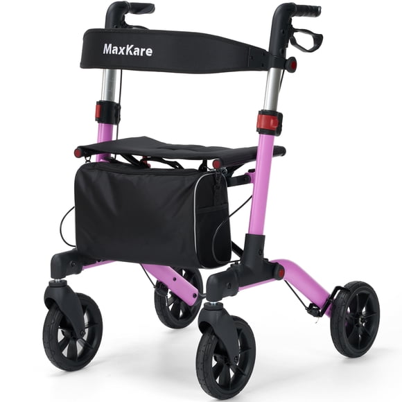 MaxKare Rollator Walker with 8” All Terrain Wheels, 8 Level Adjustable Handle, Foldable Walkers for Seniors with Seat & Backrest, Up to 300 Lbs, Purple