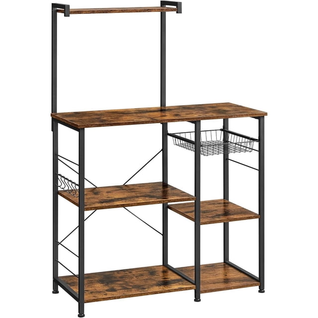 Boutique Home Baker’s Rack Microwave Stand or Utility Shelf with wire basket and 6 S-hooks, featuring rustic brown particleboard shelves and a matte black steel frame with adjustable feet, including a top shelf, middle and bottom shelves, a wire basket on the right, and S-hooks on the left for hanging kitchen tools, ideal for kitchen storage and organization and often used as a compact pantry solution.