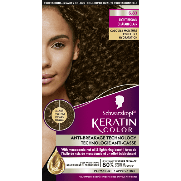 Schwarzkopf Keratin Color Permanent Hair Color, 6.83 Light Brown, 1 Application - Salon Inspired Permanent Hair Dye, for up to 80% Less Breakage vs Untreated Hair and up to 100% Gray Coverage