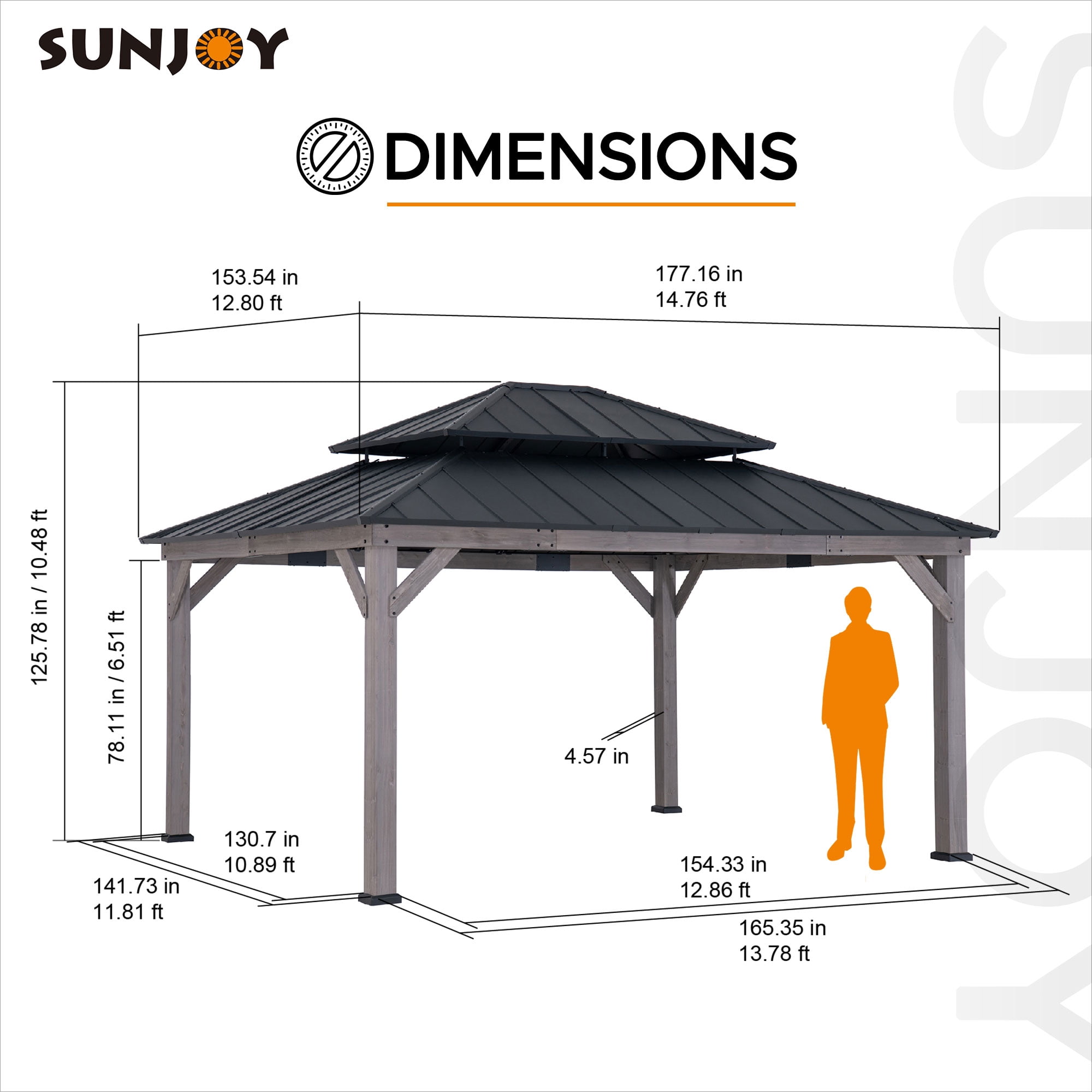 Sunjoy Gazebo à ossature en cèdre de 13 pi x 15 pi avec toit en arêtier à 2 niveaux en acier noir