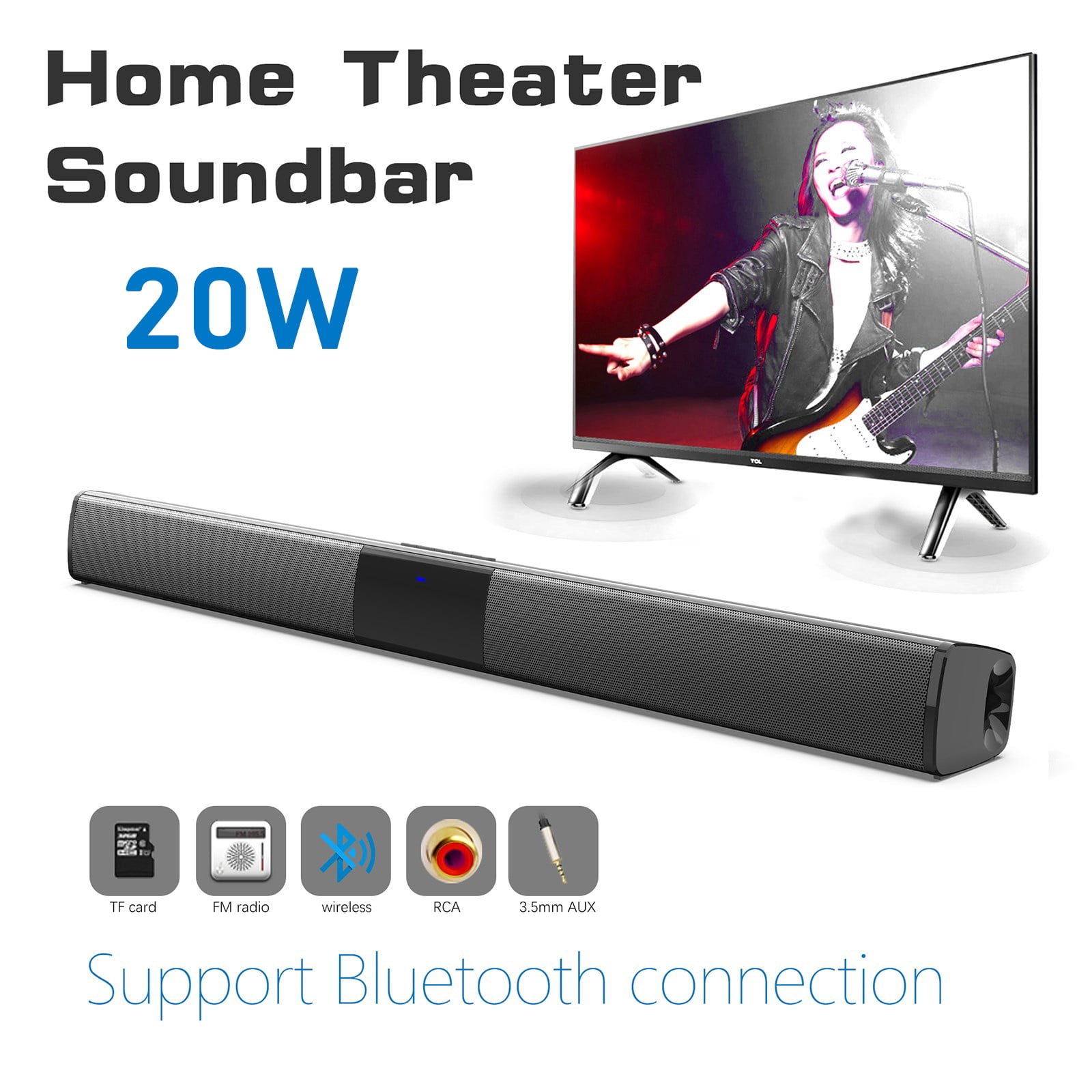 Portable 4 Speaker Surround Sound Bar, Bluetooth 5.0 TV Soundbar with Remote, 20W Output, 5H Playtime, for Home Theater, PC, Phone, Outdoor