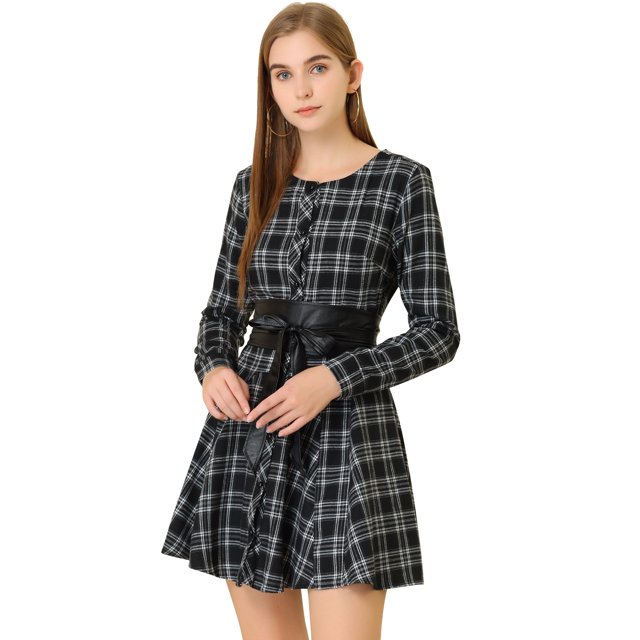 INSPIRE CHIC Robe-Chemise Décontractée pour Femmes à Carreaux Imprimés, Manches Longues, Ceinturée, Ligne A