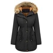 Women Winter Fleece Hooded Thicken Parka Casual Long Sleeve Zipper Button Down Overcoat Jacket Trench Coat Outerwear