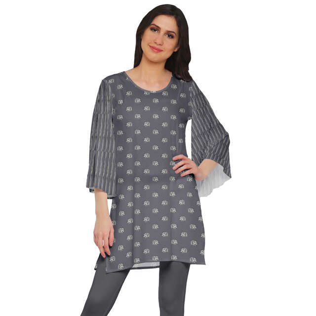 Moomaya Robe Kurti Courte Indienne Imprimée Tunique en Poly-Crêpe Robe Mini à Col Rond