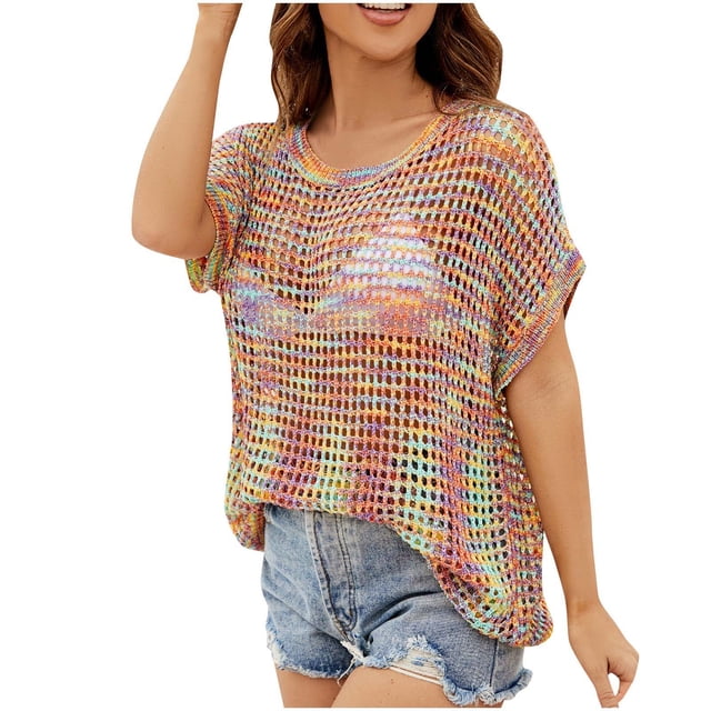 Yuyuzo Hauts au Crochet pour Femmes Manches Courtes Chemises d'Été Col Rond Chandail Ajouré à Enfiler Haut