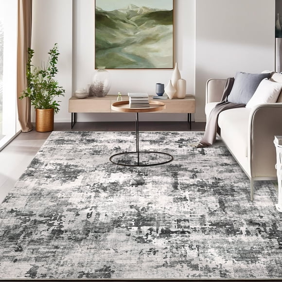 Area Rug 8x10 Ft - Washable - Modern Abstract Neutral Design - Non Slip - Low Pile Faux Wool Carpet - Soft Floor Rug for Bedroom Dining Room Living Room