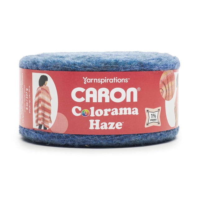 Caron® Colorama Haze™ Yarn bulky #4 medium weight acrylic blend skein in soft blue, 8oz/227g with 649 yards, featuring striping yarn texture ideal for knitting and crochet projects including cozy shawls and sweaters.