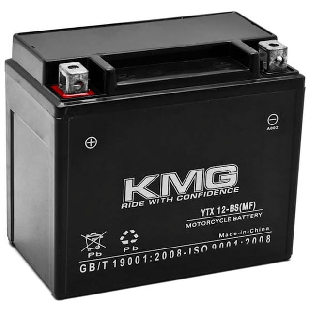 KMG Battery compatible with Polaris 170 Ranger RZR 2010-2011, model YTX12-BS. A sealed maintenance-free 12V battery designed for motorcycles, ATVs, scooters, and snowmobiles. Features a spill-proof design, shock and vibration resistance, and advanced lead-calcium technology for reliable starting power. Dimensions: 151mm x 87mm x 131mm.