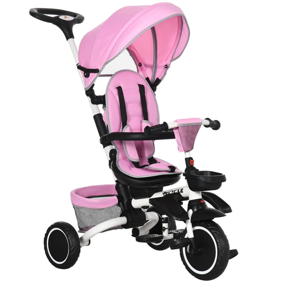 Aosom Tricycle 6-en-1 pour Tout-Petits de 12 à 50 Mois, Tricycle Pliable pour Enfants avec Siège et Poignée de Poussée Réglables, Harnais de Sécurité, Auvent Amovible, Repose-Pieds, Rose