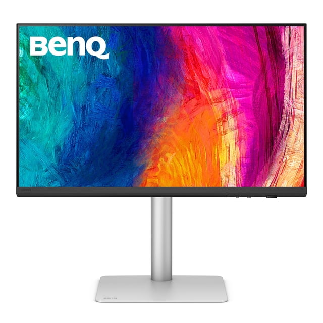 BenQ 27" 5K Thunderbolt 4 Monitor PD2730S with 5120x2880 resolution and IPS panel, featuring a silver adjustable stand, slim bezels, and vibrant abstract color display, optimized for professional design work and seamless Mac compatibility.