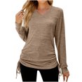 thumbnail image 2 of Jsaierl Womens Casual Side Drawstring Tops Solid Color Long Sleeve V Neck Blouses Ruched Hide Belly Workout Tunics Fall Winter Warm Soft Pullover, 2 of 4