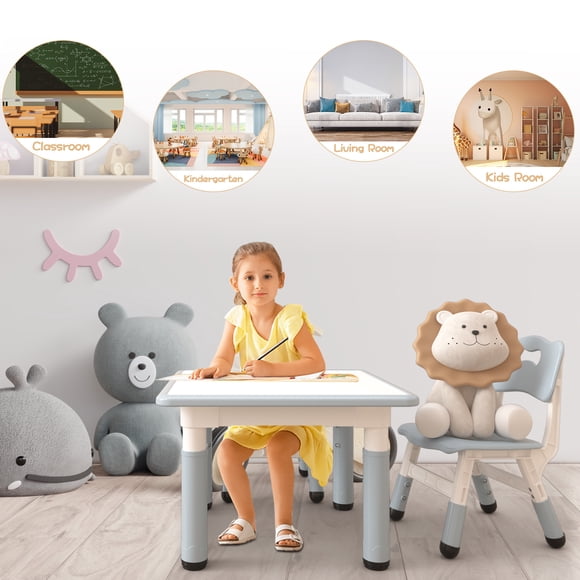 Adjustable Kids Table and Chairs Set for Kitchen Storage – Whiteboard Desktop, Non-Slip Legs, Multi-Activity, Easy-Clean – Light Gray, American Standard