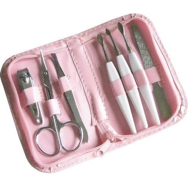 Ensemble Portable de Manucure 7 Pcs dans Pochette Portefeuille, Comprenant des Outils de Manucure Essentiels comme Coupe-Ongles, Ciseaux, Lime à Ongles, Pince et Poussoir de Cuticules, Organisé dans un Portefeuille Rose compact. Idéal pour les Voyages Ou les Urgences au Sac à Main. Taille du Portefeuille : 4.5 x 2.5 x 1 Pouces.