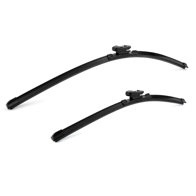 REGALWOVEN black front windshield wiper blades for Mazda CX-5 2018, shown as a set of two blades with aerodynamic design and durable rubber construction. The set includes a 24-inch left blade and an 18-inch right blade with pinch tab and push button connectors. Designed for quiet operation, maximum cleaning, and reduced wind lift, suitable for all seasons. Compatible with Mazda CX-5 2017-2021, Mazda CX-9 2016-2021, and Mazda 6 Sedan/Wagon 2018-2021.