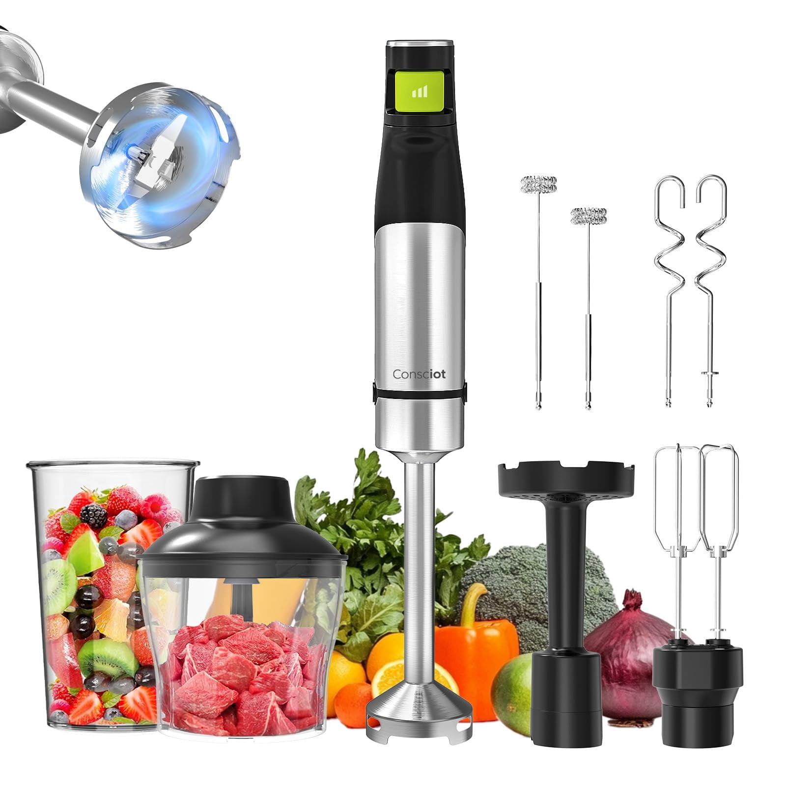 Consciot 7-in-1 Immersion Blender Handheld Max 1100W, Stick Emulsifier with Entire Stainless Steel Blender Shaft, Trigger Speed Control, 800ml Beaker
