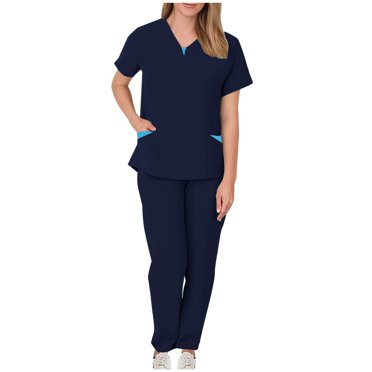 Working Uniforms Nurse Scrub Set for Women Short Sleeve Work Shirts and Long Pants Cozy Home Attendant Outfits, Navy, S
