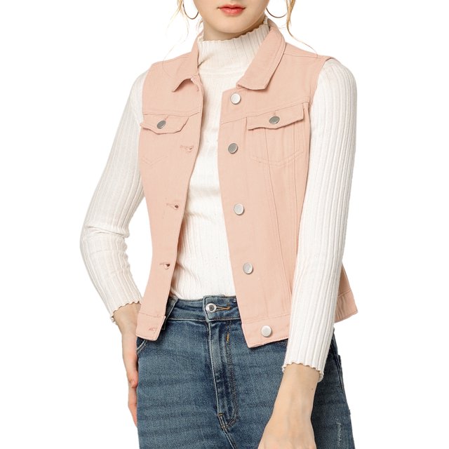 INSPIRE CHIC Women's Denim Vest Sleeveless Button Washed Jacket Pink XL