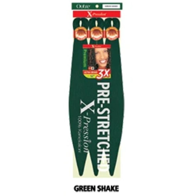OUTRE X-Pression Pre-Stretched Braid 3X 52-inch synthetic braiding hair extensions in a long, pre-stretched, kinky straight style. Packaged in green branding with flame-retardant and hot-water setting features highlighted.