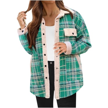 LMKIHUSA Fleece Lined Plaid Shirt Women Open Front Hooded Jackets Button Down Flannel Warm Shacket Coats Outerwear Winter Fashion Jackets 2025 Green,M
