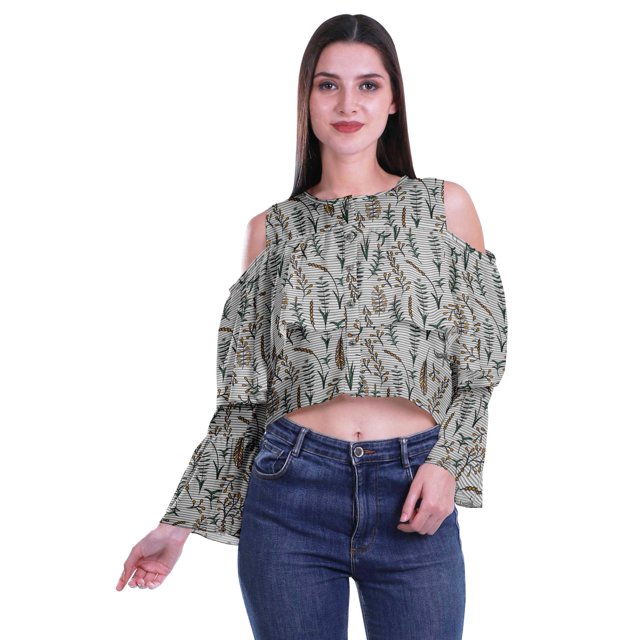 Moomaya Printed Casual Long Sleeve Tops Women Cold Shoulder Ruffle Sleeves Top