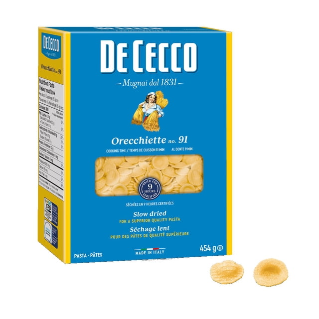 DECECCO ORECCHIETTE dry shell pasta in a blue and yellow 454 g box with a clear window showing small, round, concave pasta pieces, slow dried for superior quality, made in Italy, often used in traditional Italian dishes.