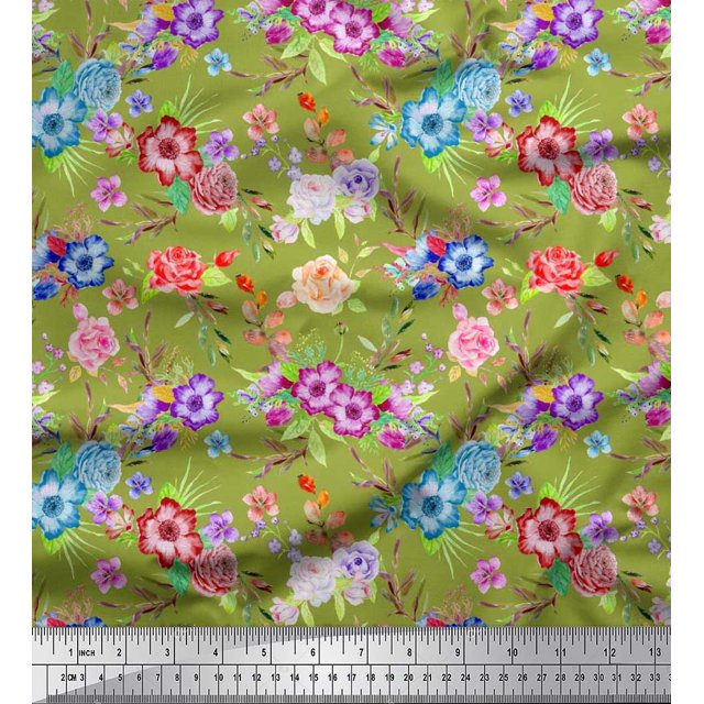 Soimoi Poly Georgette Fabric Leaves, & Rose Floral Print Fabric by Yard 42 Inch Wide
