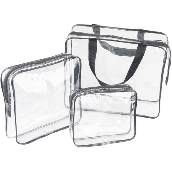 3 Pieces Large Clear Travel Bags for Toiletries, Waterproof Clear Plastic Cosmetic Makeup Bags, Transparent Packing Organizer Storage Bags (Black)