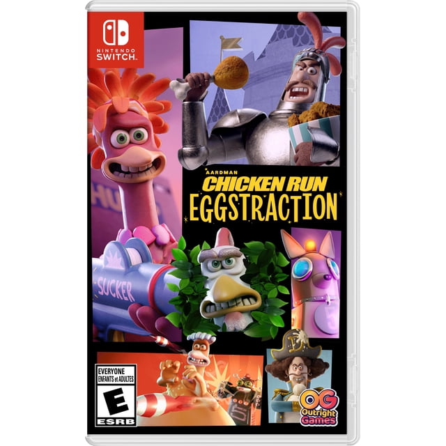 CHICKEN RUN – EGGSTRACTION Nintendo Switch game cover Mettant en Vedette des Personnages Animés, Dont un Poulet Rose Tenant un Lance-Roquettes Bleu Étiqueté « Sucker », un Chevalier en Armure Argentée Tenant un Poulet Frit, un Poulet Blanc en Colère Qui Jette un Coup d'Oeil à Travers des Feuilles Vertes, un Chien Robotique avec des Lunettes Bleues et un Collier Numéro 5, un Poulet Chevauchant une Roquette Rouge et Blanche, et un pirate aux Cheveux Bouclés et un Chapeau Tricorne, avec le Titre en Texte Jaune Gras sur