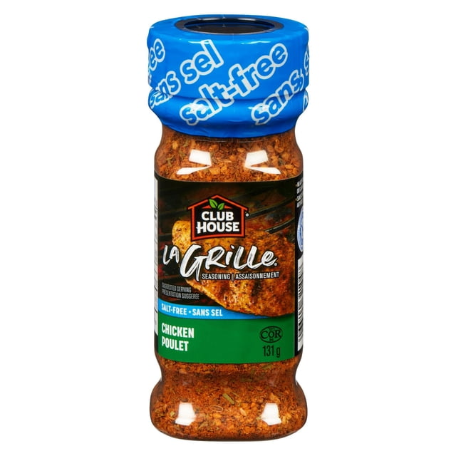 Club House La Grille Chicken Seasoning salt-free 131g bottle with a blue cap labeled 'salt-free' in English and French, containing a reddish-brown spice blend for seasoning grilled or roasted poultry, vegetables, and potatoes, featuring the Club House logo and grilled chicken image on the label.