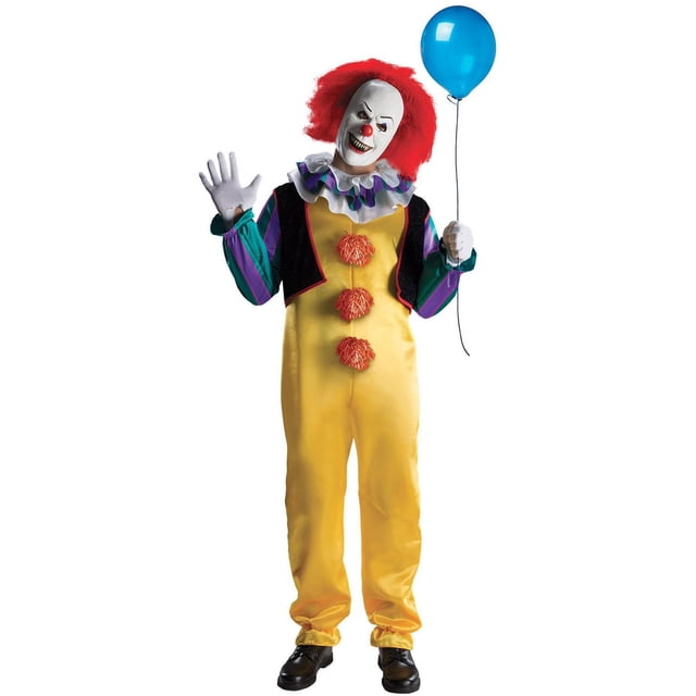 1990 It Pennywise Men's Deluxe Costume featuring a bright yellow polyester jumpsuit with three orange pom buttons, black vest, multicolored striped sleeves, ruffled collar with purple and green trim, white gloves, and a red wig attached to a clown mask, holding a blue balloon.