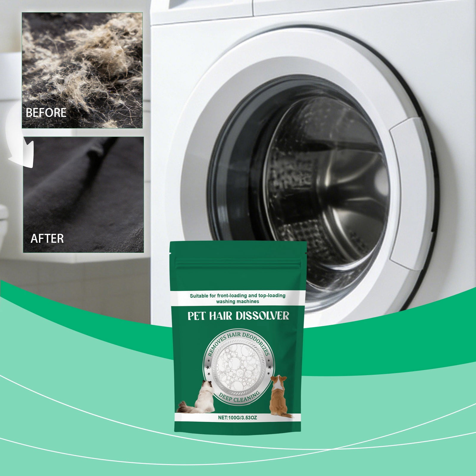 FEOLGEHLY Pet Hair Dissolving Detergent Laundry Stain Remover Eco-Friendly Gentle on Fabric Powder Form Deep Cleaning for All Fabrics, Green