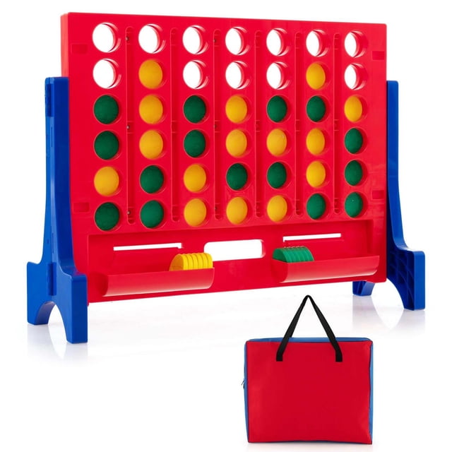 Costway Wall Mounted or Tabletop Giant 4 in a Row Jumbo 4-to-Score Connect Game Set in blue. The oversized game board features a vibrant red frame with blue side supports and includes 42 colorful chesses in yellow and green. The set comes with a red and blue carrying bag, two drawstring bags, and storage trays for the chesses. Designed for both wall mounting and tabletop use, it is ideal for indoor and outdoor gatherings, family game nights, and parties. Made from durable PP and ABS materials with rounded corners for safety.